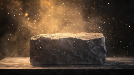 Textured Stone Block on Dark Surface with Floating Particles - Dramatic Warm Lighting