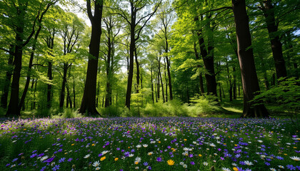 Green forest with tall trees and wildflowers, creating a peaceful and refreshing nature scene perfect for relaxation and outdoor adventures.
