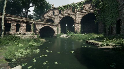 Old Stone Bridge with Arches Over Calm Water at Historic Ruins on Overcast Day Nature Scene