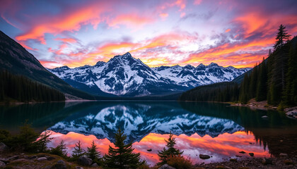 Majestic mountain lake reflecting a colorful sunset sky, creating a breathtaking and peaceful nature scene with vibrant colors and serene water.