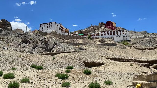 Spituk Monastery with a view of the Himalayas mountains. Spituk Gompa is a famous Buddhist temple in Leh, Ladakh, India.