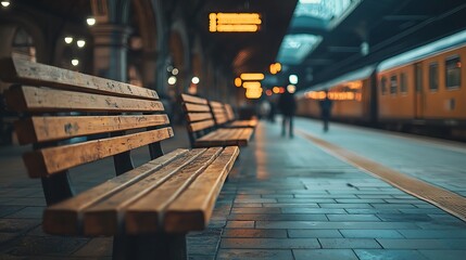 A row of empty seats with scuffed surfaces, blurred action of people and trains in the background, artificial lighting creating a muted color palette, aged architecture with visible wear,