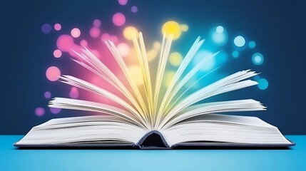 Open Book Illuminated with Colorful Lights for Knowledge and Imagination Promotion