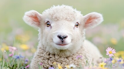 Cute lamb in a flower meadow.  Possible use Stock photo for children's books, nature, or farm-related products