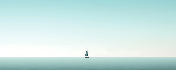 Fototapeta premium A minimalist seascape featuring a lone sailboat drifting across a calm blue ocean, under a vast, soft-hued sky, evoking a serene and tranquil atmosphere.