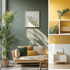 modern home interior featuring five different sustainable decorating ideas. Each section of the image showcases a different eco-friendly approach