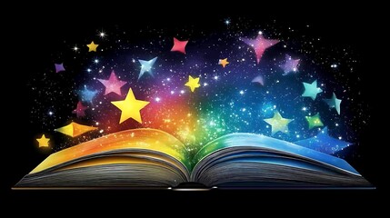 Open Book with Colorful Stars and Light Emitting from the Pages Fantasy Storytelling
