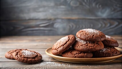 Fototapeta premium A delectable arrangement of chocolate cookies, dusted with powdered sugar, rests on a rustic wooden surface, creating a tempting culinary scene.