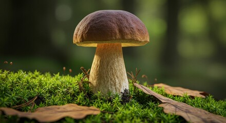 Fototapeta premium Majestic Porcini Mushroom in Autumn Forest Moss