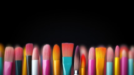 Fototapeta premium Vibrant makeup brushes arranged in a row against a black backdrop showcase a variety of colors and sizes, emphasizing their unique shapes and uses in cosmetics applications