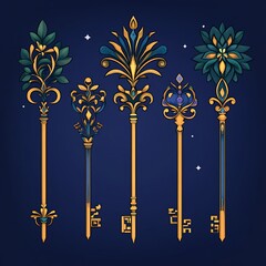 Ornamental Keys Collection Fantasy Objects Decorative Magical Antiquated Vintage Symbols Treasure