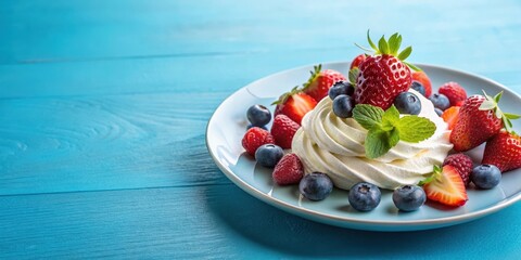 Delightful Whipped Cream Dessert with Fresh Berries on a Pale Blue Plate
