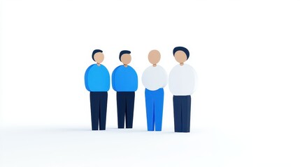 Four colorful, stylized figures dressed in casual attire gather closely in a relaxed setting. The figures exhibit friendly postures and expressions, promoting a sense of camaraderie