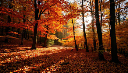 Fototapeta premium A beautiful autumn forest with golden leaves covering the ground, sunlight filtering through tall trees, creating a warm and peaceful seasonal landscape ideal for nature lovers and hiking.