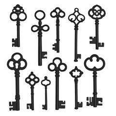 Ornate Keys Collection Vintage Style Classic Design Security Objects Keychains Treasure Find Black Tones