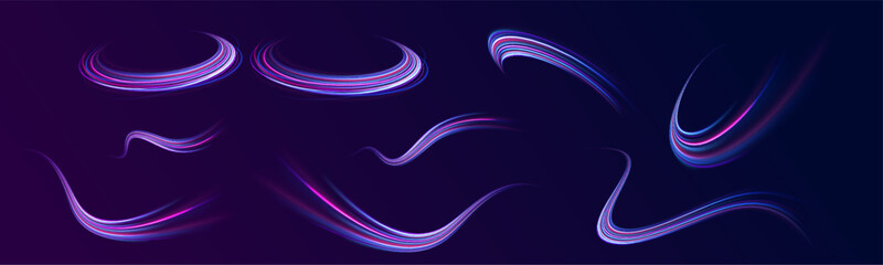 Lines in the shape of a comet against a dark background. Illustration of high speed concept. Motion light effect for banners. Fast speed car. Curved light trail stretched upward.
