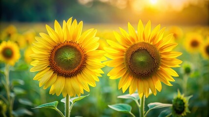 Fototapeta premium Golden Sunflowers Basking in the Warmth of a Summer Sunset, a Vibrant Display of Nature's Beauty