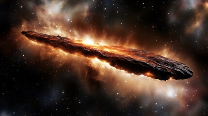 Oumuamua Inspired Interstellar Object Amidst Cosmic Nebula and Stars Background Space Phenomenon