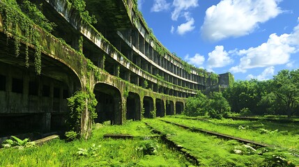 Fototapeta premium Overgrown Concrete Structure Embraced by Nature Displaying Resilience of Life Conquering Civilization