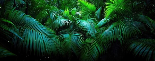 Glow forest idea. Lush green foliage showcasing vibrant palm leaves in a tropical setting.