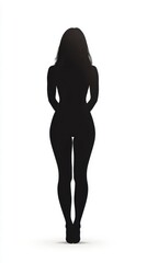 A standing female silhouette is featured in a minimalist design, with a bright white background emphasizing the shape and form. The figure appears poised and serene