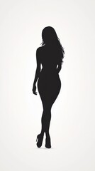 A woman confidently walks away, her silhouette highlighting an elegant figure. The backdrop is neutral, drawing attention to her posture and movement, capturing a sense of empowerment