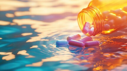 A pill bottle releasing medicine into water, the capsules catching iridescent colors from scattered sunlight.