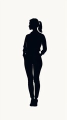 A woman stands in profile with a ponytail, dressed in fitted clothing. Her silhouette highlights a sense of confidence and strength, creating an impactful visual presence