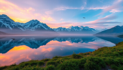 A stunning lake surrounded by snow-capped mountains reflecting the golden sunset sky, creating a peaceful and breathtaking natural landscape with calm waters and scenic beauty.