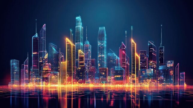 Excellent AI-generated futuristic city skyline composed entirely of neon light structures and digital grids
