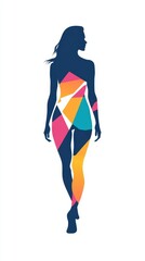 A woman is depicted in silhouette, confidently walking. Her body is filled with colorful geometric shapes in various hues, offering a unique and artistic representation