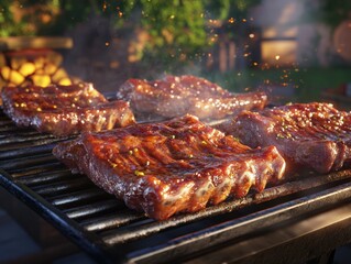 Grill-barbecue in the yard, meat on the grill