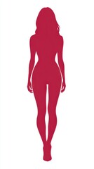 A bold silhouette of a woman stands upright with hands at her sides. The figure is filled with a vibrant red hue, creating a striking visual impact against a white background