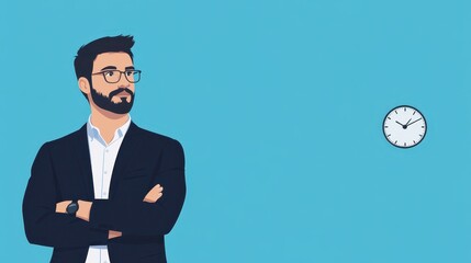 A well-dressed man stands with arms crossed, gazing at a clock on the wall. The blue background creates a calm atmosphere, suggesting a moment of contemplation during a meeting