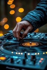 Obraz premium Dj playing vinyl record on turntable at nightclub with bokeh lights