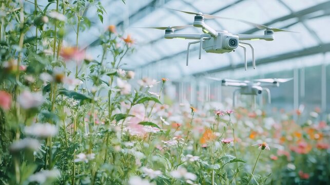 Excellent AI-powered autonomous drones pollinating flowers in a futuristic greenhouse - Powered by Adobe