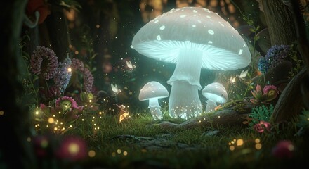 Enchanting Glowing Mushrooms Fantasy Forest Firefly Magic