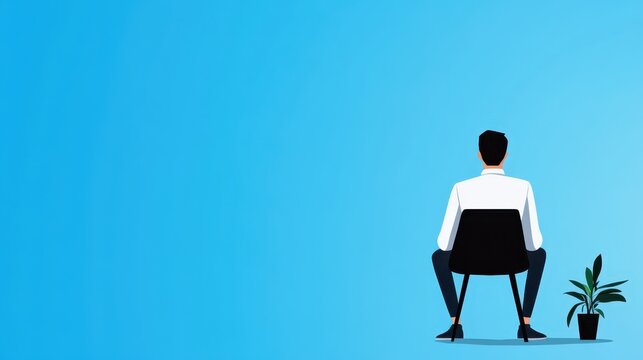 A man dressed in a white shirt sits on a chair, gazing at a blank blue background. A small green plant is placed next to him, adding a touch of nature to the minimalist setting