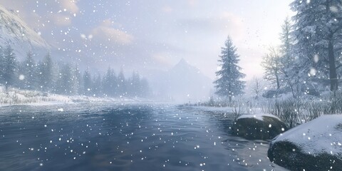 Fototapeta premium A dreamy winter scene with snowflakes gently falling in the foreground, creating a peaceful atmosphere.