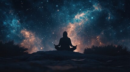 Silhouette of a person meditating under a cosmic sky, symbolizing peace and cosmic connection.