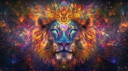 Psychedelic lion head with symmetrical mandala shapes, a mystical emblem for shamanic guidance
