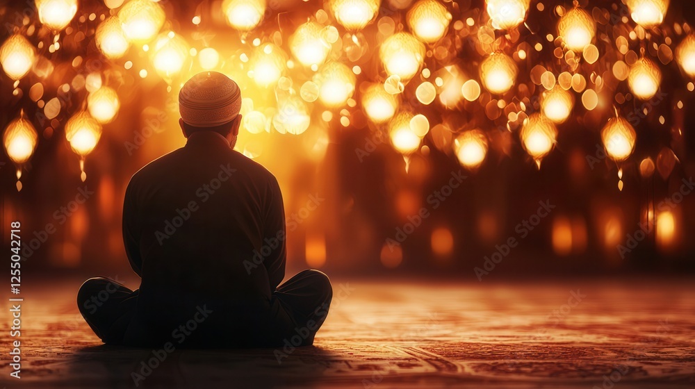 Poster a person sits in meditation surrounded by glowing lanterns, creating a serene and spiritual atmosphe