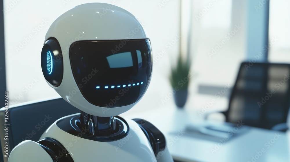 Poster a robot efficiently working as a call center agent in a minimalistic, clean office environment, high
