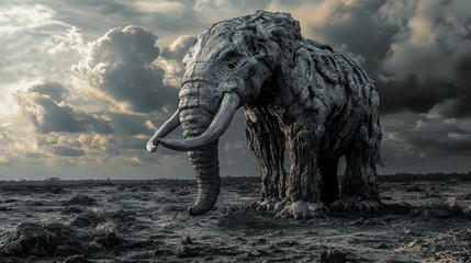 Fototapeta premium A powerful depiction of an extinct animal, such as a woolly mammoth or elephant, in a desert landscape, represented by a fossil or the empty space where it once lived