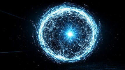 Obraz premium Quantum Energy Sphere with Luminous Center Radiating Network of Blue Light Connections and Complex Web