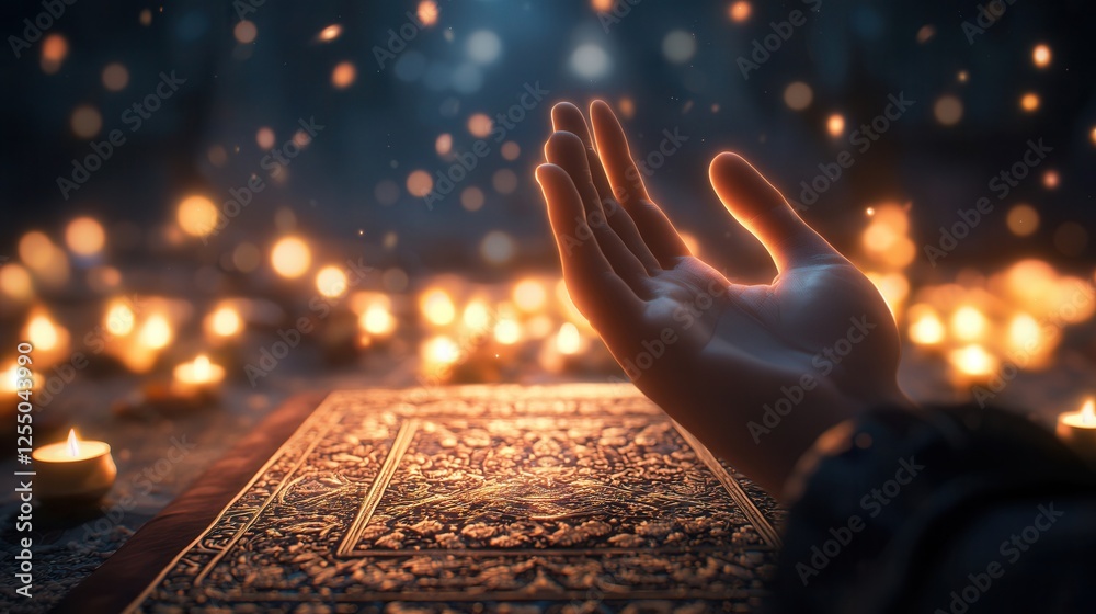 Aufkleber a hand reaches toward a beautifully illuminated book surrounded by soft glowing candles, creating a 