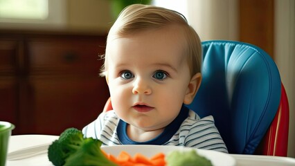 A little boy sits in a children's chair in the kitchen in front of him with a plate of broccoli and carrots, showing curiosity and interest in healthy eating, looking at the camera, close-up, portrait