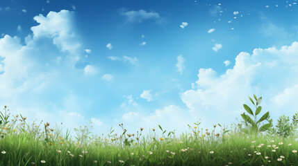 Obraz premium Green grass, bright fresh sunny spring, summer blue sky background with white fluffy clouds and lush in the foreground