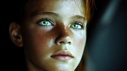 Young girl with striking green eyes, illuminated skin, intense expression, close-up view.