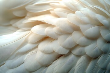 Detailed close-up of delicate white feathers showcasing intricate textures and patterns in soft natural light